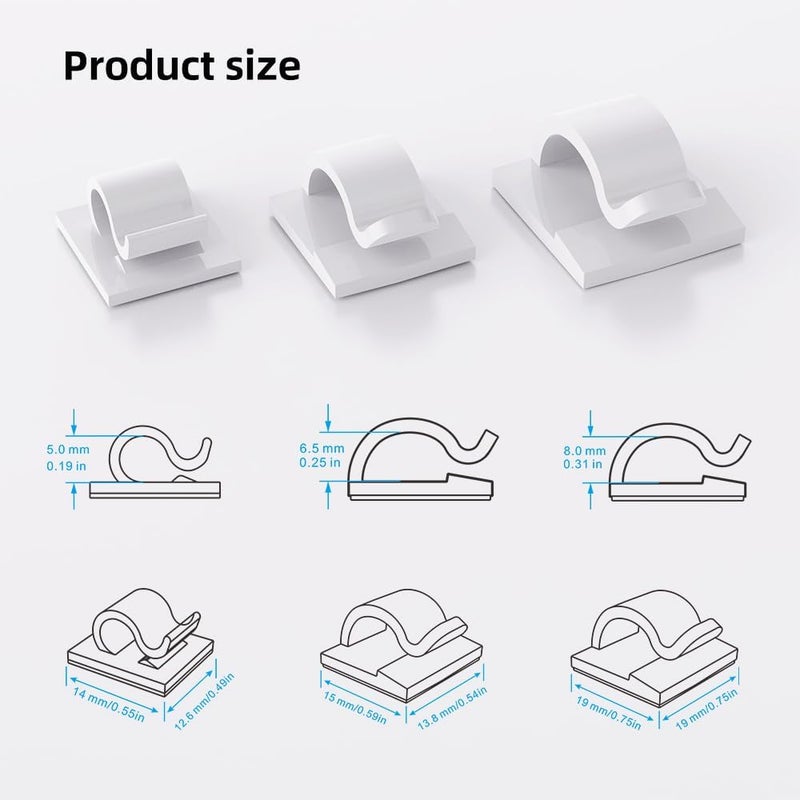ITUGOU 100 PCS White Adhesive Cable Clips Cord Organizer (Small, Medium,Large),Wire Holder for Cable Management, Outdoor Light Clips Light Hooks for LED String,Car Dash Cam, Extension Cord (White) - Image 3